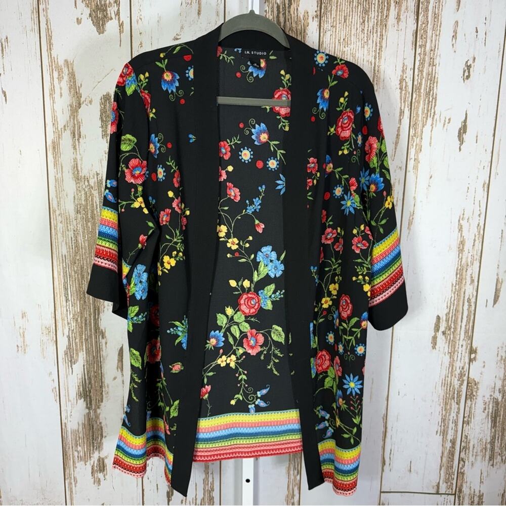 I.N. Studio, Black Kimono with Colorful Floral Design. Size Large.